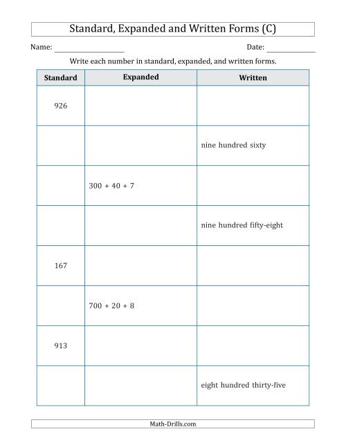 The Converting Between Standard, Expanded and Written Forms (3-Digit) (C) Math Worksheet