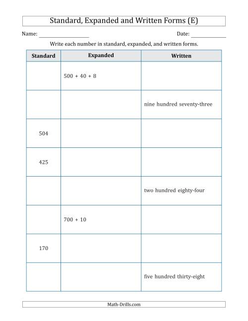 The Converting Between Standard, Expanded and Written Forms (3-Digit) (E) Math Worksheet