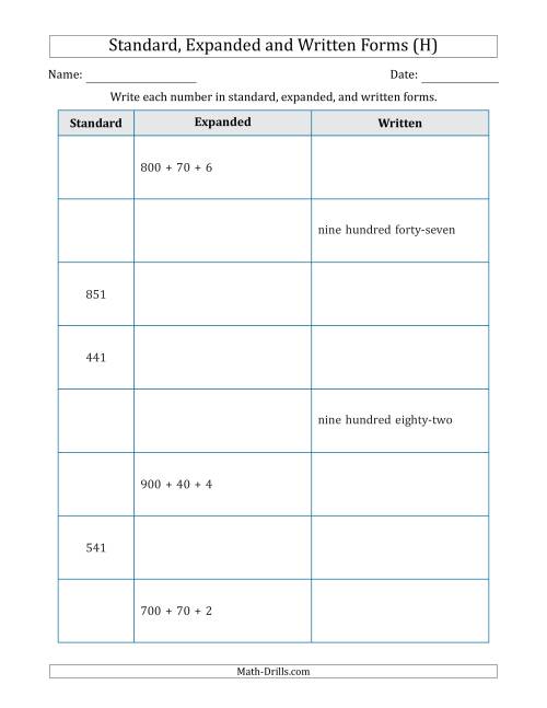 The Converting Between Standard, Expanded and Written Forms (3-Digit) (H) Math Worksheet