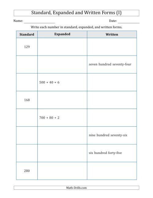 The Converting Between Standard, Expanded and Written Forms (3-Digit) (I) Math Worksheet
