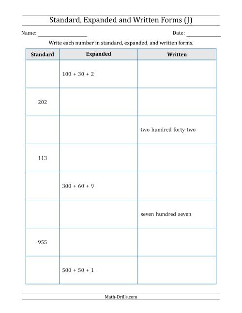 The Converting Between Standard, Expanded and Written Forms (3-Digit) (J) Math Worksheet