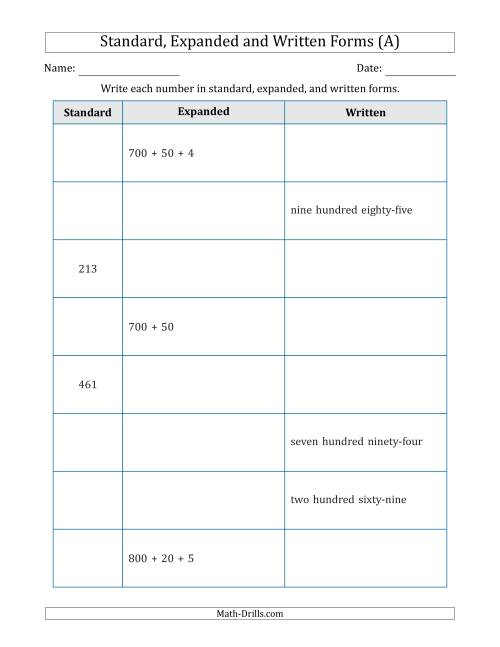 The Converting Between Standard, Expanded and Written Forms (3-Digit) (All) Math Worksheet