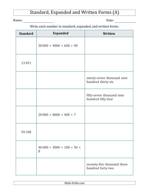 The Converting Between Standard, Expanded and Written Forms (5-Digit) SI Version (A) Math Worksheet