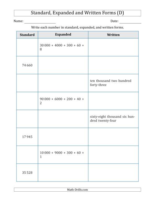The Converting Between Standard, Expanded and Written Forms (5-Digit) SI Version (D) Math Worksheet