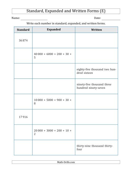 The Converting Between Standard, Expanded and Written Forms (5-Digit) SI Version (E) Math Worksheet