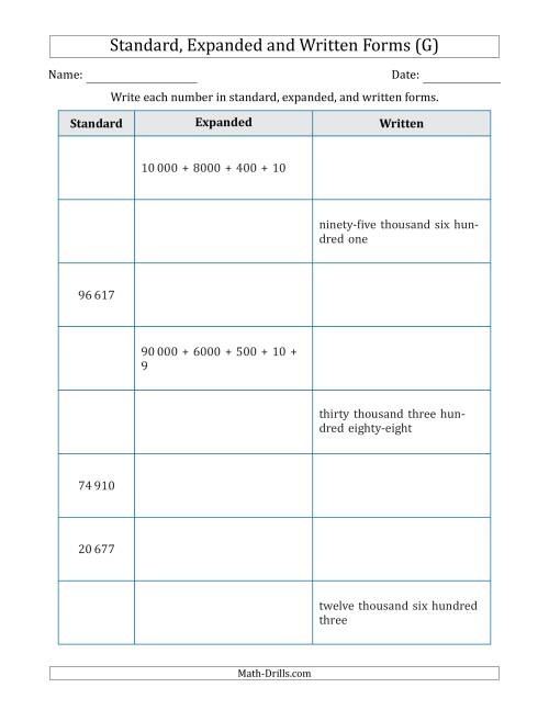 The Converting Between Standard, Expanded and Written Forms (5-Digit) SI Version (G) Math Worksheet