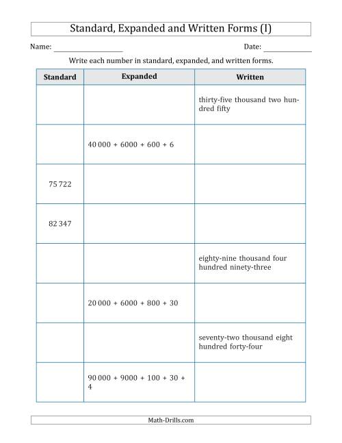 The Converting Between Standard, Expanded and Written Forms (5-Digit) SI Version (I) Math Worksheet