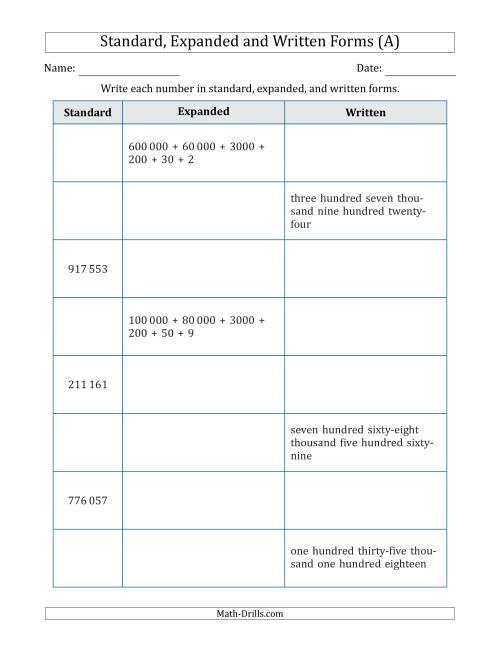 The Converting Between Standard, Expanded and Written Forms (6-Digit) SI Version (A) Math Worksheet