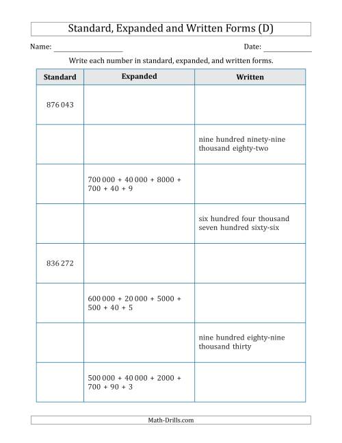 The Converting Between Standard, Expanded and Written Forms (6-Digit) SI Version (D) Math Worksheet
