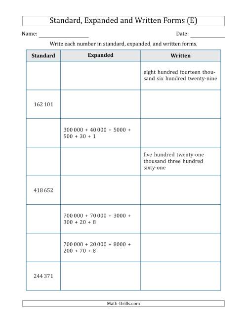 The Converting Between Standard, Expanded and Written Forms (6-Digit) SI Version (E) Math Worksheet