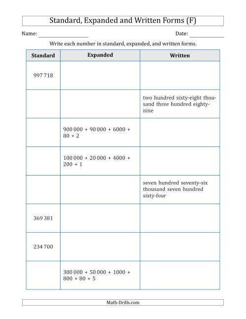 The Converting Between Standard, Expanded and Written Forms (6-Digit) SI Version (F) Math Worksheet