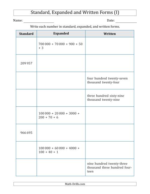 The Converting Between Standard, Expanded and Written Forms (6-Digit) SI Version (I) Math Worksheet