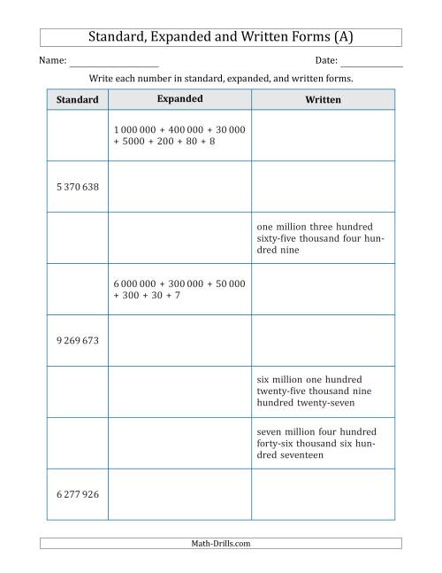 The Converting Between Standard, Expanded and Written Forms (7-Digit) SI Version (A) Math Worksheet