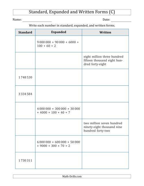 The Converting Between Standard, Expanded and Written Forms (7-Digit) SI Version (C) Math Worksheet