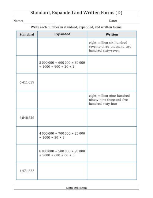 The Converting Between Standard, Expanded and Written Forms (7-Digit) SI Version (D) Math Worksheet