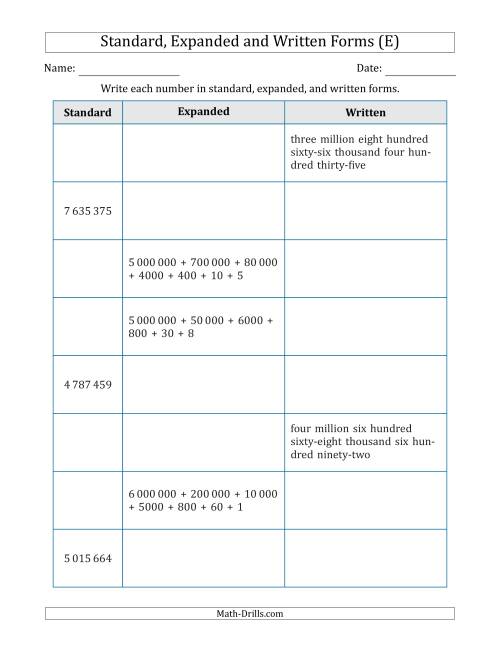 The Converting Between Standard, Expanded and Written Forms (7-Digit) SI Version (E) Math Worksheet
