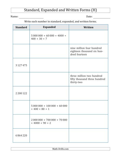 The Converting Between Standard, Expanded and Written Forms (7-Digit) SI Version (H) Math Worksheet