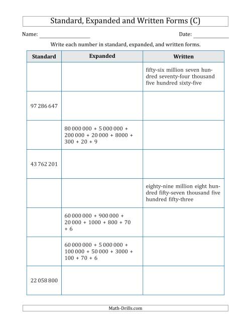 The Converting Between Standard, Expanded and Written Forms (8-Digit) SI Version (C) Math Worksheet