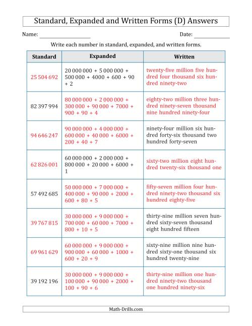 The Converting Between Standard, Expanded and Written Forms (8-Digit) SI Version (D) Math Worksheet Page 2