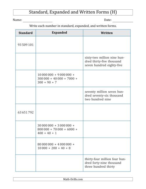 The Converting Between Standard, Expanded and Written Forms (8-Digit) SI Version (H) Math Worksheet
