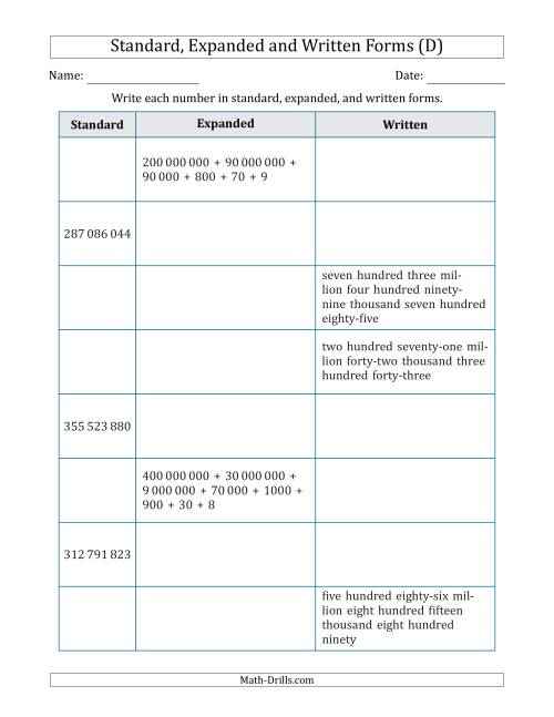 The Converting Between Standard, Expanded and Written Forms (9-Digit) SI Version (D) Math Worksheet