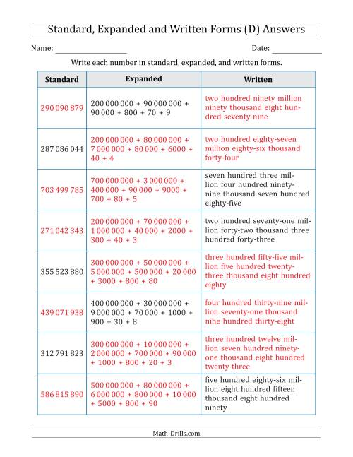The Converting Between Standard, Expanded and Written Forms (9-Digit) SI Version (D) Math Worksheet Page 2