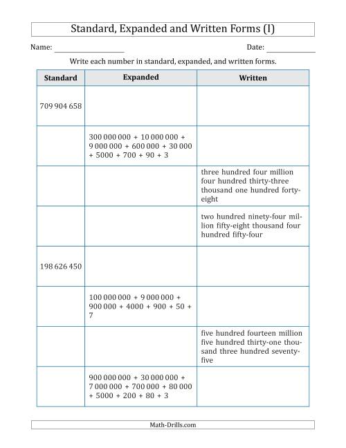 The Converting Between Standard, Expanded and Written Forms (9-Digit) SI Version (I) Math Worksheet
