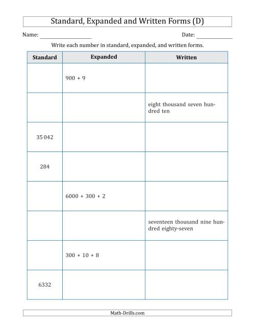 The Converting Between Standard, Expanded and Written Forms (3-Digit to 5-Digit) SI Version (D) Math Worksheet