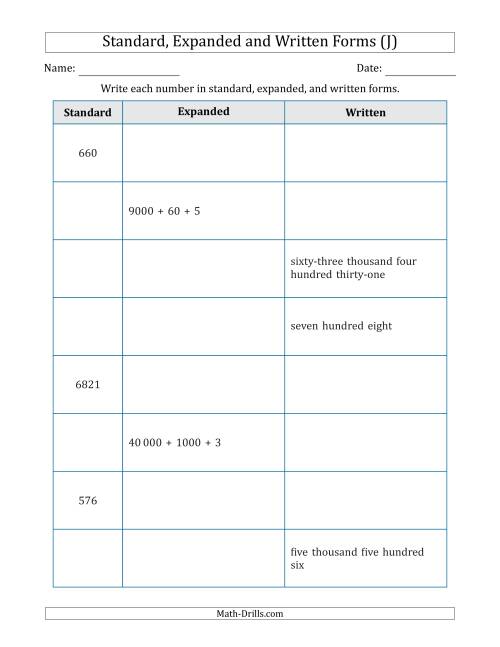 The Converting Between Standard, Expanded and Written Forms (3-Digit to 5-Digit) SI Version (J) Math Worksheet