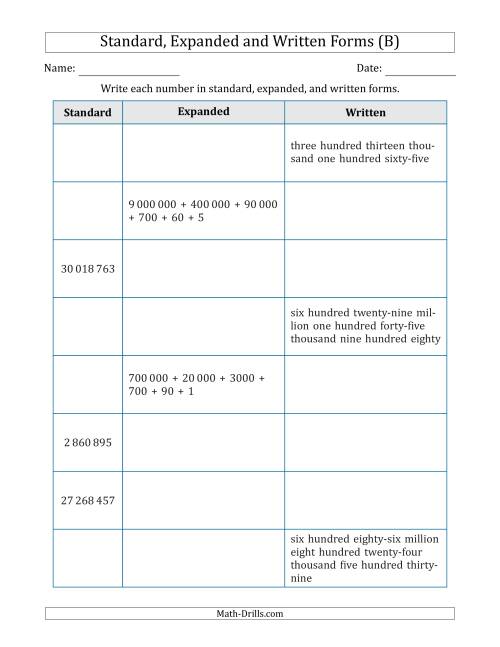 The Converting Between Standard, Expanded and Written Forms (6-Digit to 9-Digit) SI Version (B) Math Worksheet