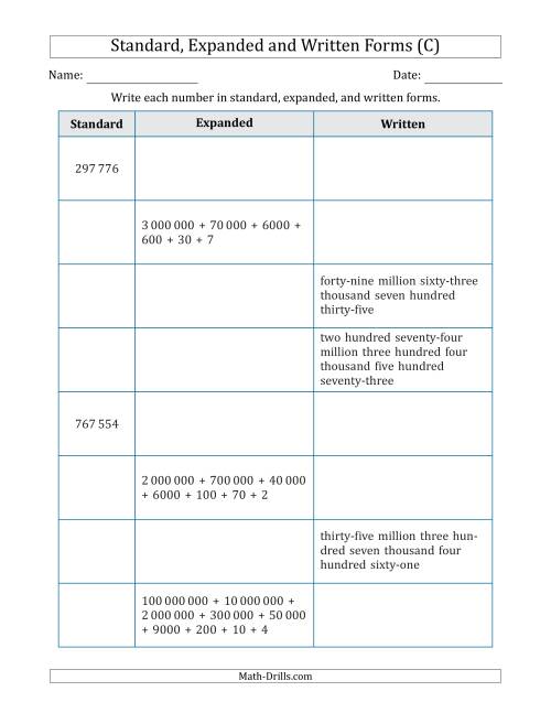 The Converting Between Standard, Expanded and Written Forms (6-Digit to 9-Digit) SI Version (C) Math Worksheet
