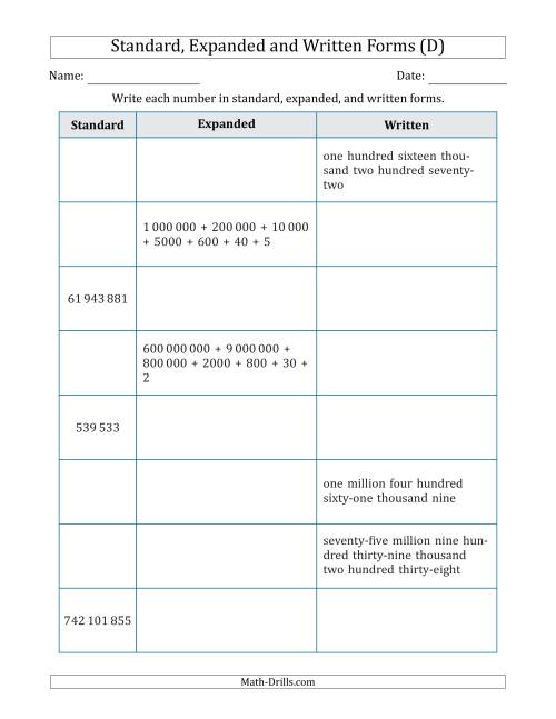 The Converting Between Standard, Expanded and Written Forms (6-Digit to 9-Digit) SI Version (D) Math Worksheet