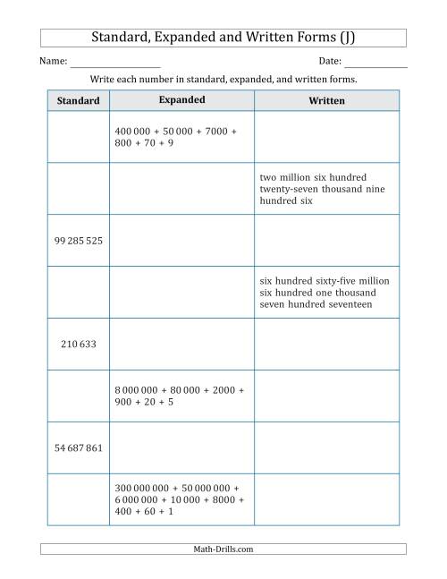 The Converting Between Standard, Expanded and Written Forms (6-Digit to 9-Digit) SI Version (J) Math Worksheet