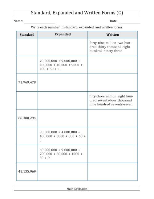 The Converting Between Standard, Expanded and Written Forms (8-Digit) U.S./U.K. Version (C) Math Worksheet