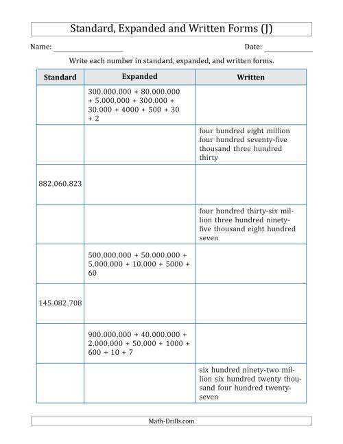 The Converting Between Standard, Expanded and Written Forms (9-Digit) U.S./U.K. Version (J) Math Worksheet