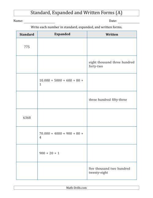 The Converting Between Standard, Expanded and Written Forms (3-Digit to 5-Digit) U.S./U.K. Version (A) Math Worksheet