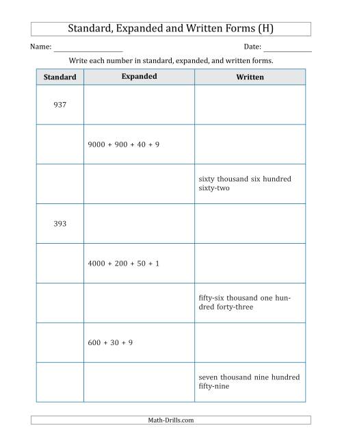 The Converting Between Standard, Expanded and Written Forms (3-Digit to 5-Digit) U.S./U.K. Version (H) Math Worksheet