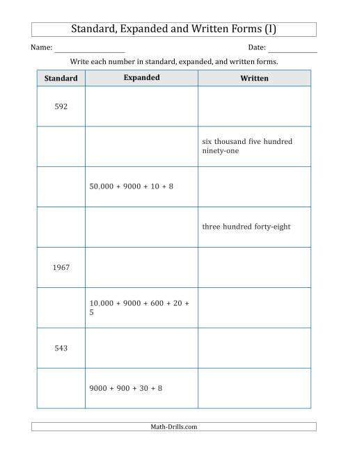 The Converting Between Standard, Expanded and Written Forms (3-Digit to 5-Digit) U.S./U.K. Version (I) Math Worksheet