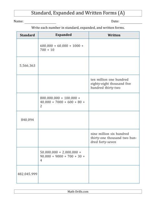 The Converting Between Standard, Expanded and Written Forms (6-Digit to 9-Digit) U.S./U.K. Version (A) Math Worksheet
