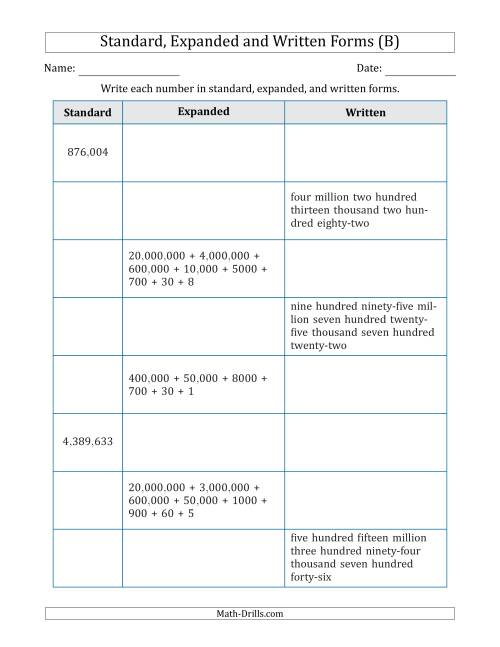 The Converting Between Standard, Expanded and Written Forms (6-Digit to 9-Digit) U.S./U.K. Version (B) Math Worksheet