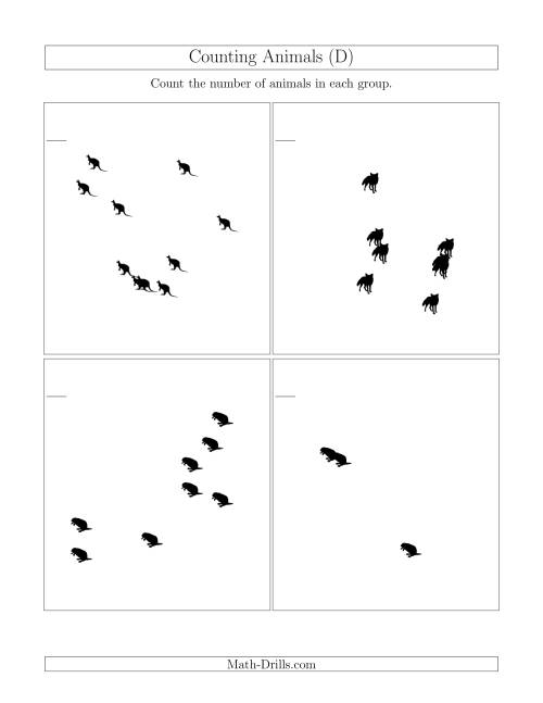 The Counting Animals in Scattered Arrangements (D) Math Worksheet
