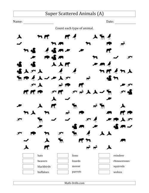 The Counting Animal Pictures in Super Scattered Arrangements (About 50 Percent Full) (A) Math Worksheet