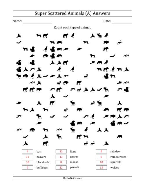 The Counting Animal Pictures in Super Scattered Arrangements (About 50 Percent Full) (A) Math Worksheet Page 2