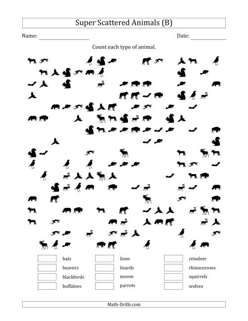 The Counting Animal Pictures in Super Scattered Arrangements (About 50 Percent Full) (B) Math Worksheet