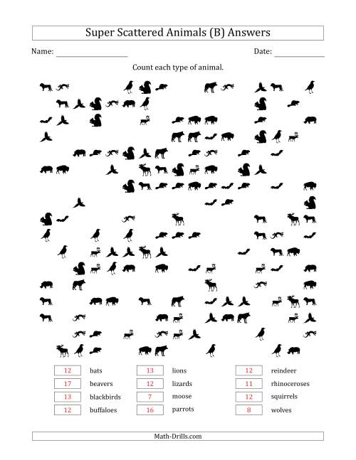 The Counting Animal Pictures in Super Scattered Arrangements (About 50 Percent Full) (B) Math Worksheet Page 2