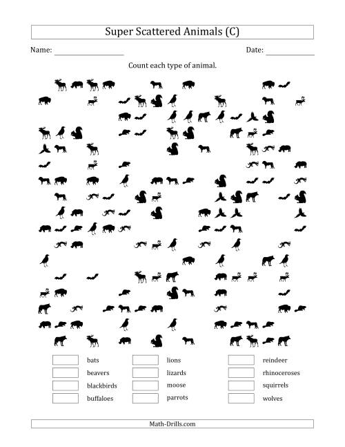 The Counting Animal Pictures in Super Scattered Arrangements (About 50 Percent Full) (C) Math Worksheet