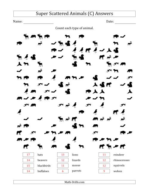 The Counting Animal Pictures in Super Scattered Arrangements (About 50 Percent Full) (C) Math Worksheet Page 2