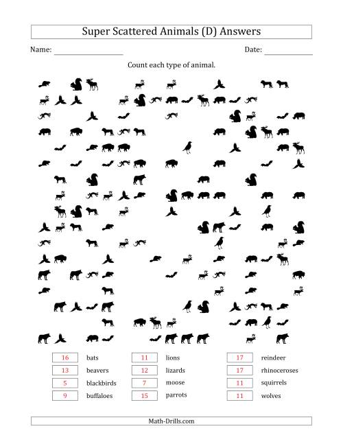 The Counting Animal Pictures in Super Scattered Arrangements (About 50 Percent Full) (D) Math Worksheet Page 2
