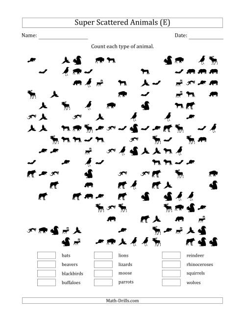 The Counting Animal Pictures in Super Scattered Arrangements (About 50 Percent Full) (E) Math Worksheet