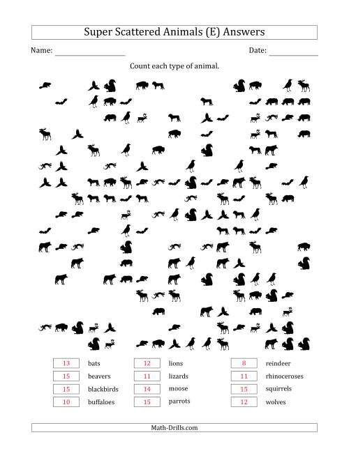 The Counting Animal Pictures in Super Scattered Arrangements (About 50 Percent Full) (E) Math Worksheet Page 2